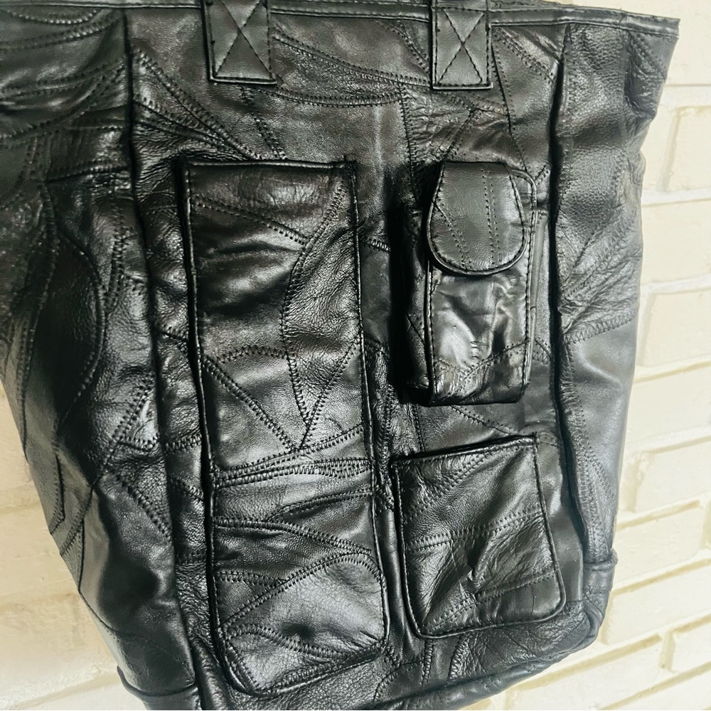 Black Leather Patchwork Tote Bag with Outer Umbrella Pocket and Cell Pouch